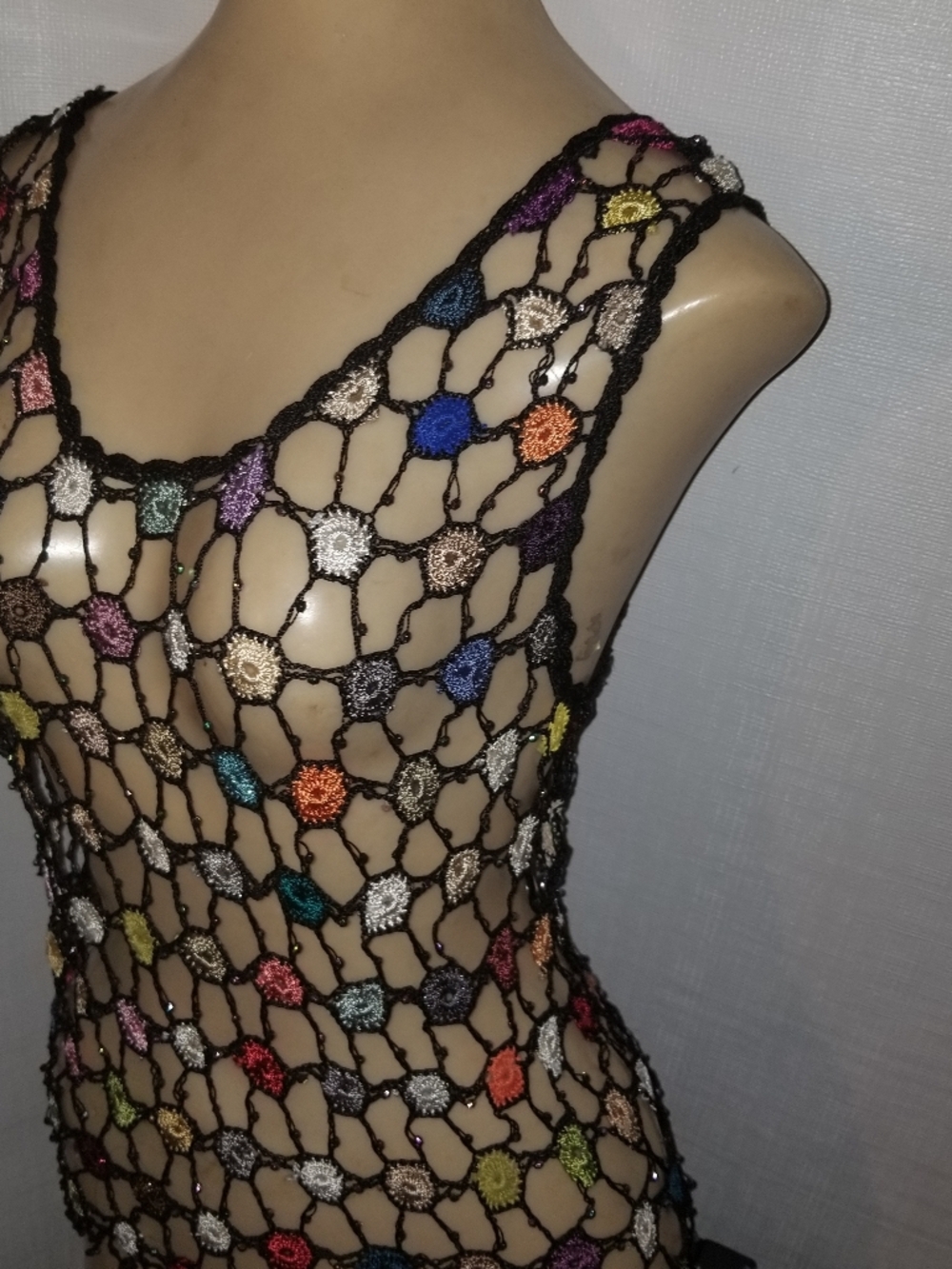 Black Crochet Sheer Tank with Multicolor Embroidered Dots